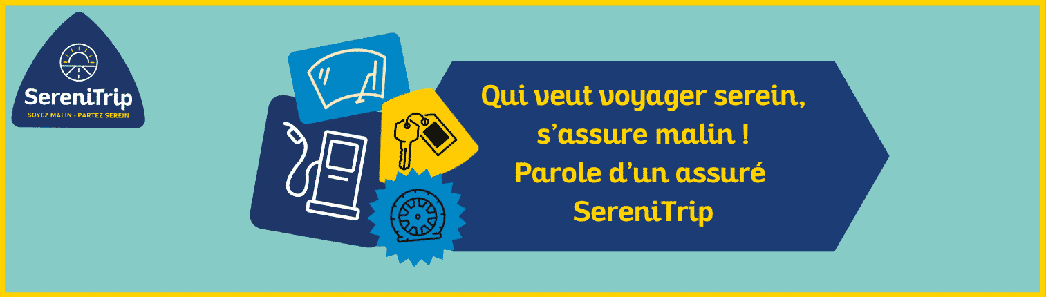 Illustration pour la page assurances Europcar. La citation dit :"Qui veut voyager serein s'assure malin. Parole d'une assuré SereniTrip